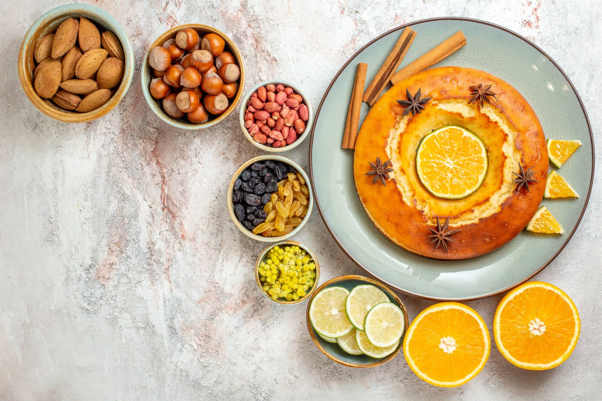 top view delicious pie with nuts citrus fruits white background fruits sweet nut cake pie biscuit